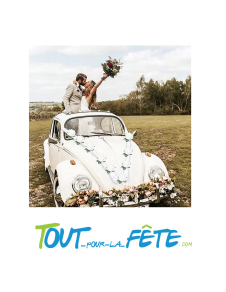 Décoration voiture 9 roses blanches + tulle