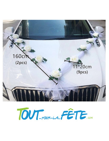 Décoration voiture 9 roses blanches + tulle