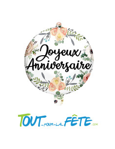 Ballon aluminium Joyeux Anniversaire Fleurs 45cm