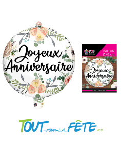 Ballon aluminium Joyeux Anniversaire Fleurs 45cm 2