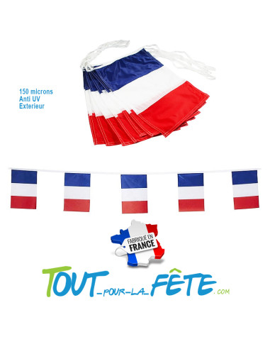 Guirlande fanions RECTANGLE 10 mètres bleu / blanc / rouge France150 microns extérieur