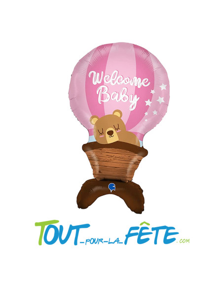 Ballon aluminium montgolfière "Welcome baby" rose