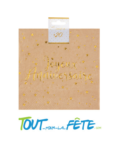 Sachet de 20 serviettes papier kraft et or joyeux anniversaire