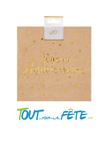 Sachet de 20 serviettes papier kraft et or joyeux anniversaire