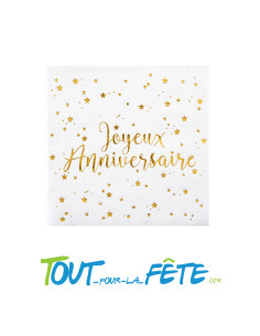 Lot de 10 serviettes Joyeux Anniversaire Blanc et Or