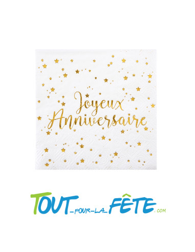 Lot de 10 serviettes Joyeux Anniversaire Blanc et Or