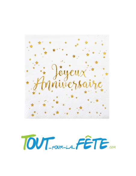 Lot de 10 serviettes Joyeux Anniversaire Blanc et Or