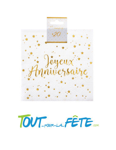 Lot de 10 serviettes Joyeux Anniversaire Blanc et Or