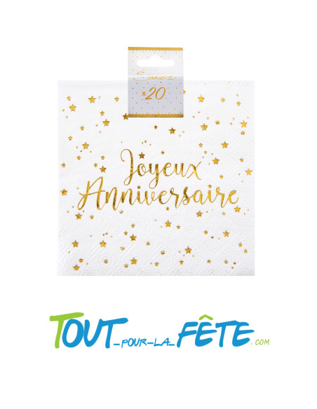 Lot de 10 serviettes Joyeux Anniversaire Blanc et Or