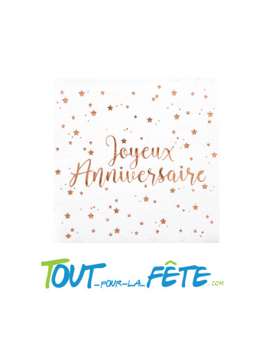 Lot de 10 serviettes Joyeux Anniversaire Blanc et rose-gold