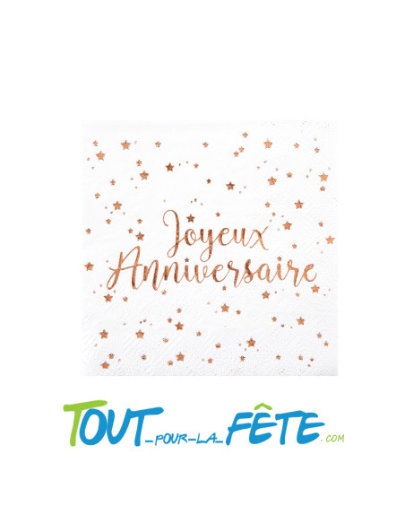 Lot de 10 serviettes Joyeux Anniversaire Blanc et rose-gold