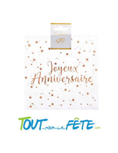Lot de 10 serviettes Joyeux Anniversaire Blanc et rose-gold