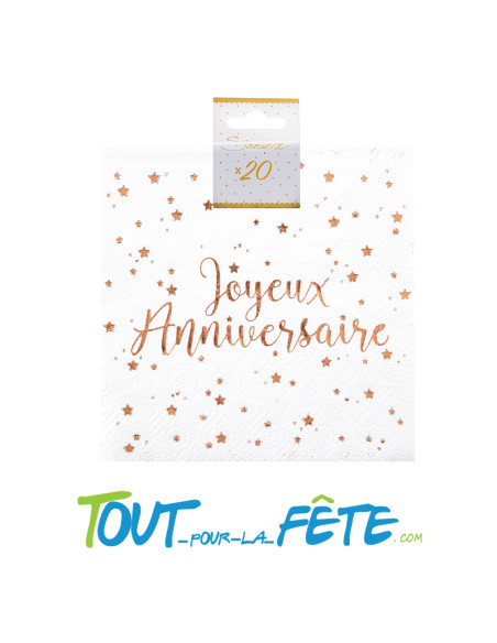 Lot de 10 serviettes Joyeux Anniversaire Blanc et rose-gold