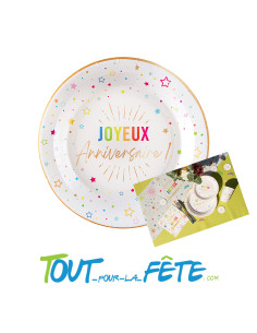 Lot de 6 petites assiettes de 17.5cm multicolore joyeux anniversaire 2
