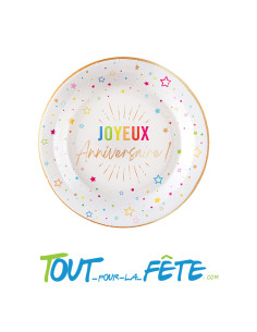 Lot de 6 assiettes de 22 cm multicolore joyeux anniversaire