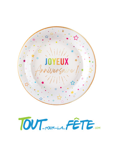 Lot de 6 assiettes de 22 cm multicolore joyeux anniversaire