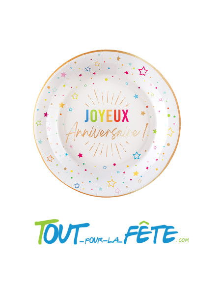 Lot de 6 assiettes de 22 cm multicolore joyeux anniversaire