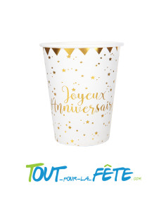 Lot de 10 gobelets joyeux anniversaire blanc et or
