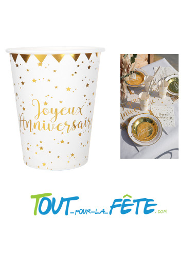 Lot de 10 gobelets joyeux anniversaire blanc et or