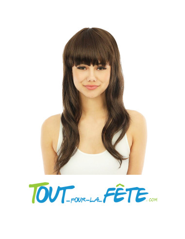 Perruque longue raide avec frange brune femme