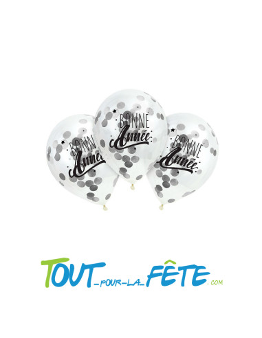 Lot de 3 ballons transparents confettis argent " bonne année "