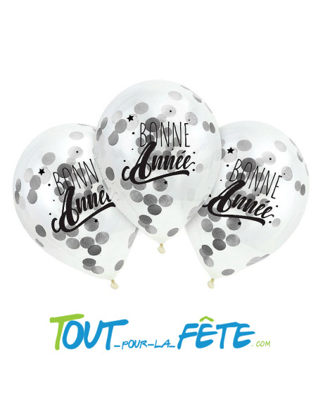 Lot de 3 ballons transparents confettis argent " bonne année "