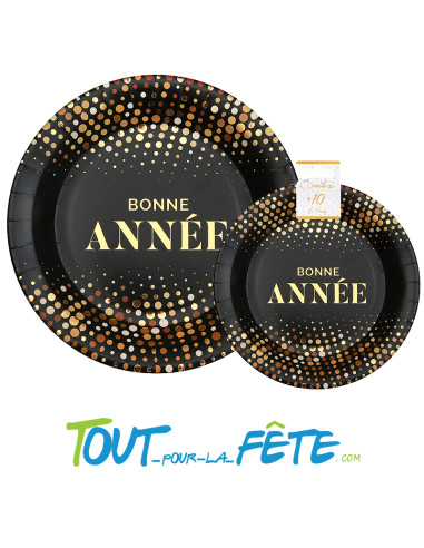 Lot de 10 assiettes or et noir " bonne année "22.5 cm