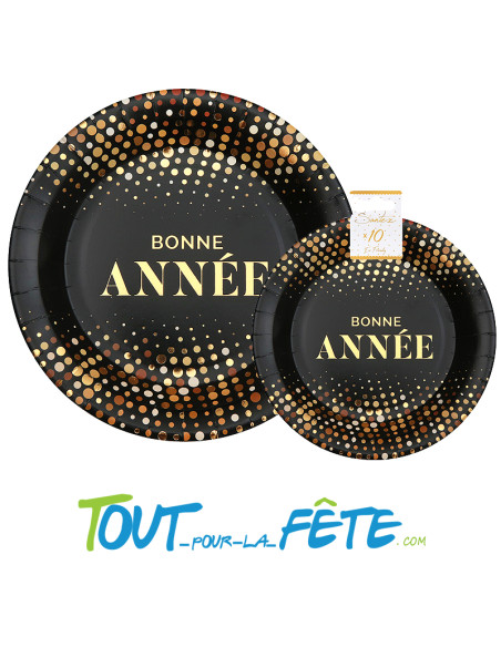 Lot de 10 assiettes or et noir " bonne année "22.5 cm