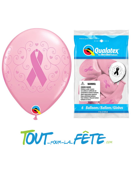 Sachet de 6 ballons en latex rose avec noeud Octobre rose 28 cm