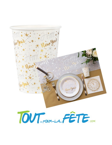 Lot de 10 gobelets happy new year blanc et or 270 ml