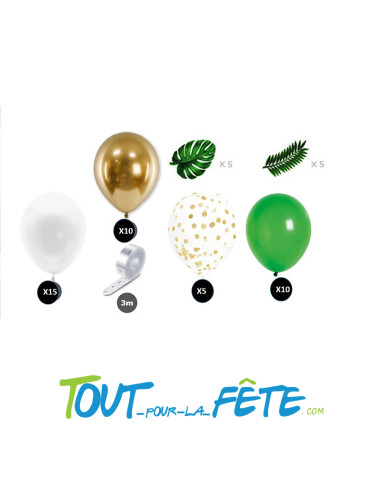 Kit arche à 40 ballons tropical blanc - vert - or + feuilles