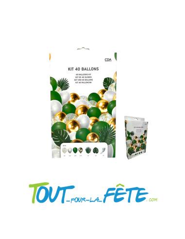 Kit arche à 40 ballons tropical blanc - vert - or + feuilles