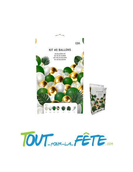 Kit arche à 40 ballons tropical blanc - vert - or + feuilles