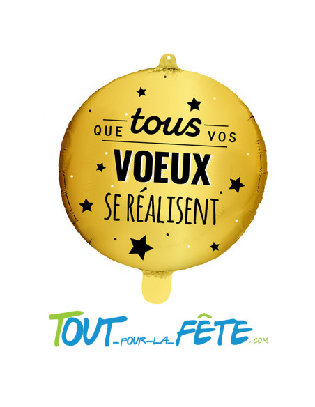Ballons aluminium rond Nouvel an "Que tous vos voeux se réalisent" noir et or 45 cm