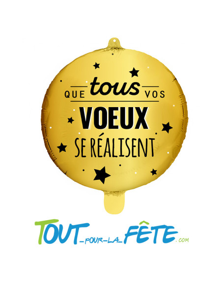 Ballons aluminium rond Nouvel an "Que tous vos voeux se réalisent" noir et or 45 cm