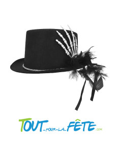 Chapeau haut de forme avec main de squelette argenté et plume