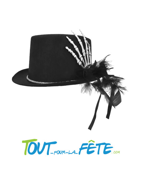 Chapeau haut de forme avec main de squelette argenté et plume