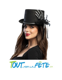 Chapeau haut de forme avec main de squelette argenté et plume 2