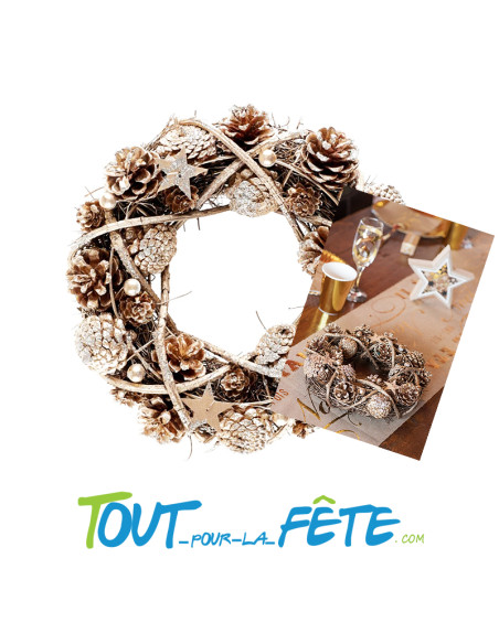 Couronne de pommes de pin pailletées en bois, diamètre 24 cm