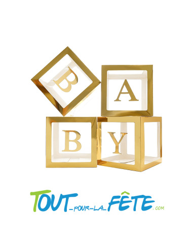 4 cubes carton or et transparents avec lettres adhésif Baby 30cm