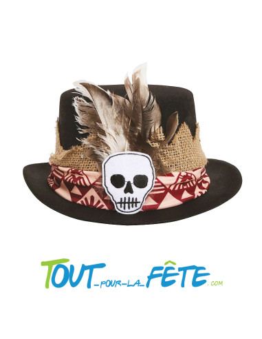 Chapeau feutre haut de forme vaudou guérisseur noir et motif