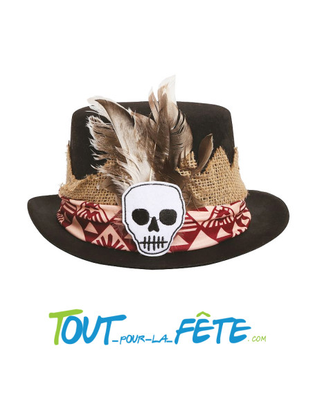 Chapeau feutre haut de forme vaudou guérisseur noir et motif