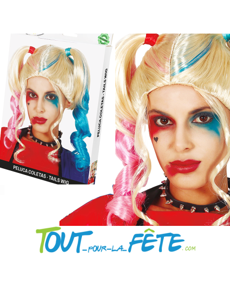 Perruque Harley quinn blonde, rose, bleu