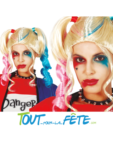 Perruque Harley quinn blonde, rose, bleu