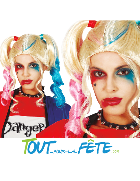 Perruque Harley quinn blonde, rose, bleu