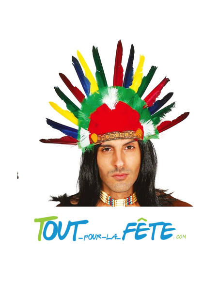 Coiffe d'indien chef de tribu avec 15 plumes couleurs panachée