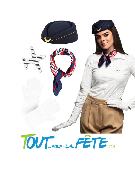 Set hôtesse de l'air ( chapeau - châle - badge - gants )
