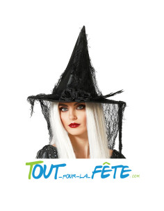 Chapeau de sorcière avec fleur noire détails en toile d'araignée