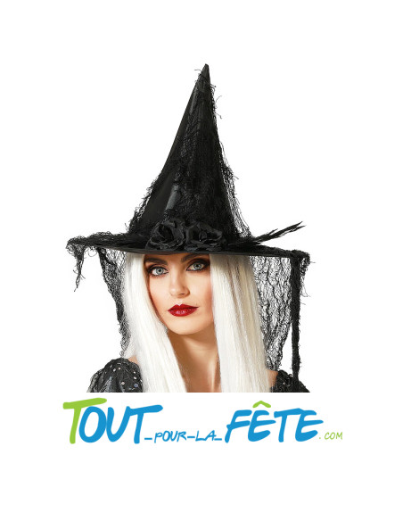 Chapeau de sorcière avec fleur noire détails en toile d'araignée