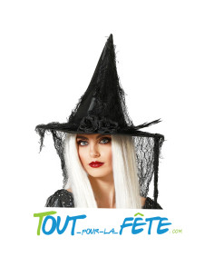 Chapeau de sorcière avec fleur noire détails en toile d'araignée 2